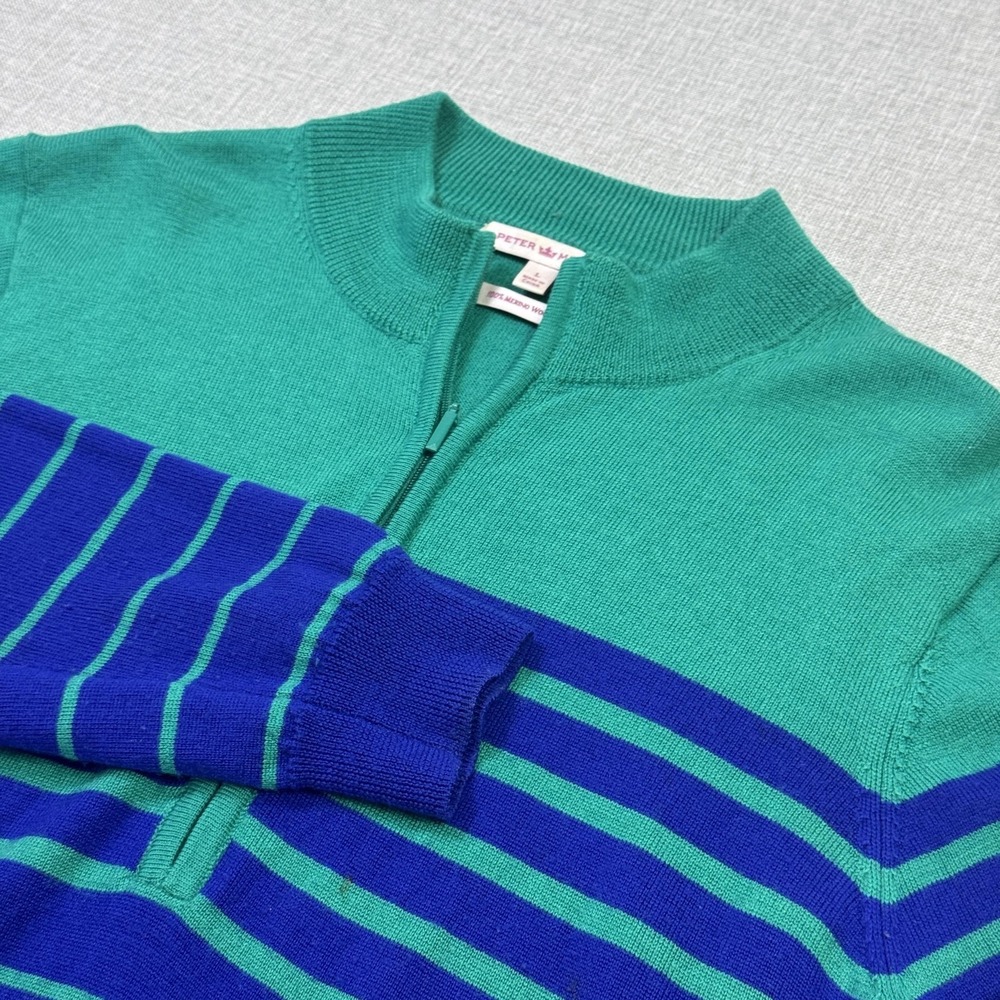 Peter Millar 1/2 Zip Merino Wool Golf Sweater Women's Large Green Blue Striped